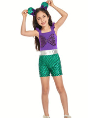 Toddler Girls Ruffle Trim Sequin Bow Block Rompers Jumpsuits Cosplay Costume