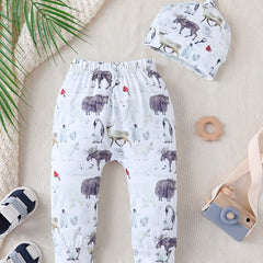 2pcs Animal Print Elastic Waist Pants & Hat Set for Baby Boys & Girls