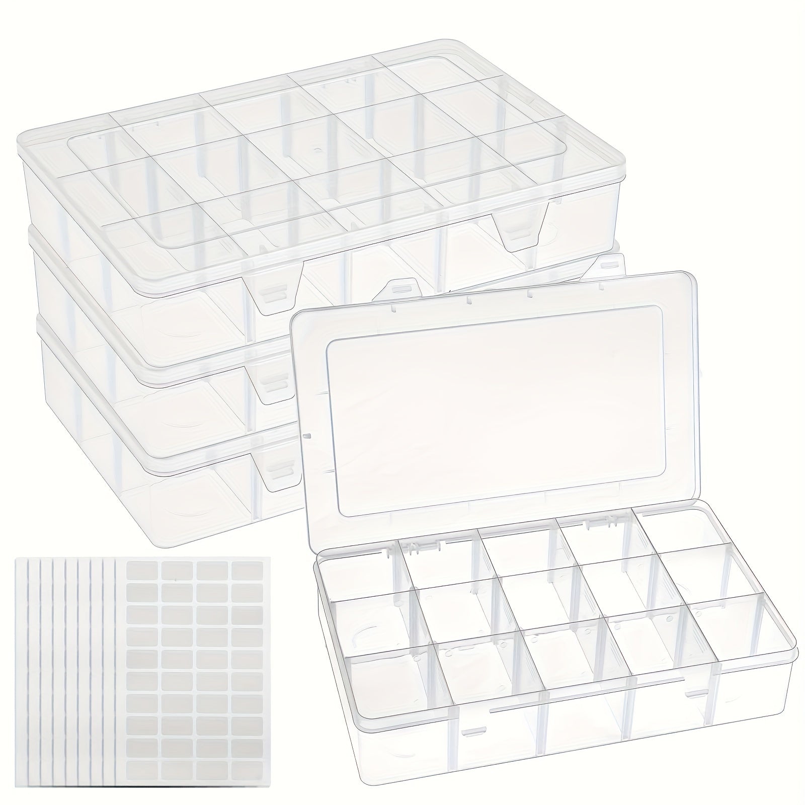Plastic Storage Containers with Adjustable Dividers, 15 Grids, Pack of 4