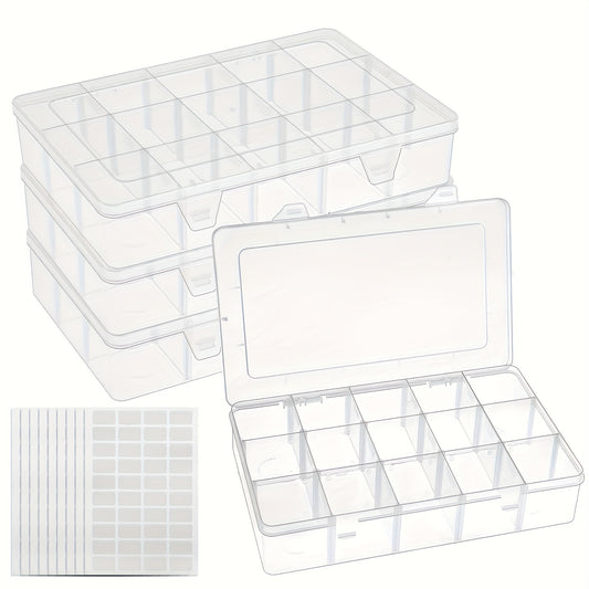 Plastic Storage Containers with Adjustable Dividers, 15 Grids, Pack of 4