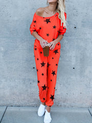 Star Print Two Piece Set Crew Neck Long Sleeve Top & Pants Outfit