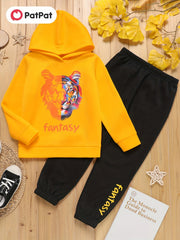 Boy 2pcs Hoodie & Elastic Waist Pants FANTASY Graffiti Tiger Print