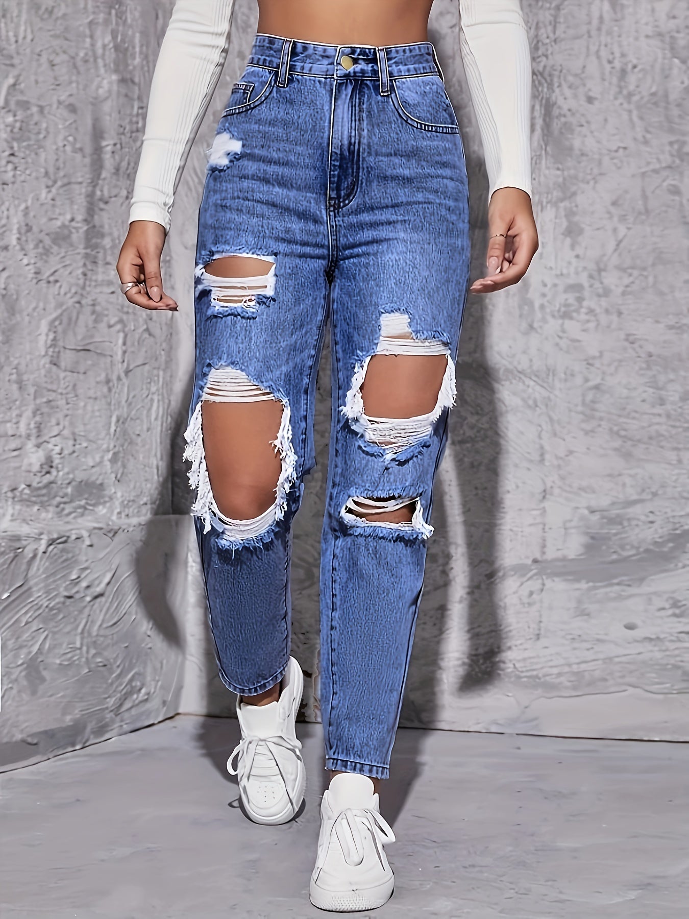 High Waist Distressed Denim Pants Women's Jeans