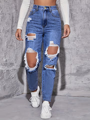 High Waist Distressed Denim Pants Women's Jeans