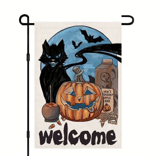 Halloween Garden Flag Burlap Spooky Ghost Pumpkin Cat Bat Moon Sign