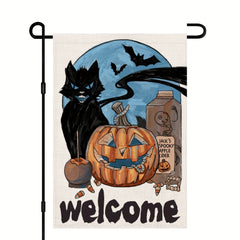 Halloween Garden Flag Burlap Spooky Ghost Pumpkin Cat Bat Moon Sign
