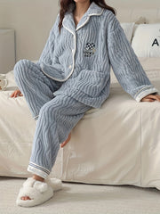 Heart Print Fuzzy Pajama Set Long Sleeve Top & Pants