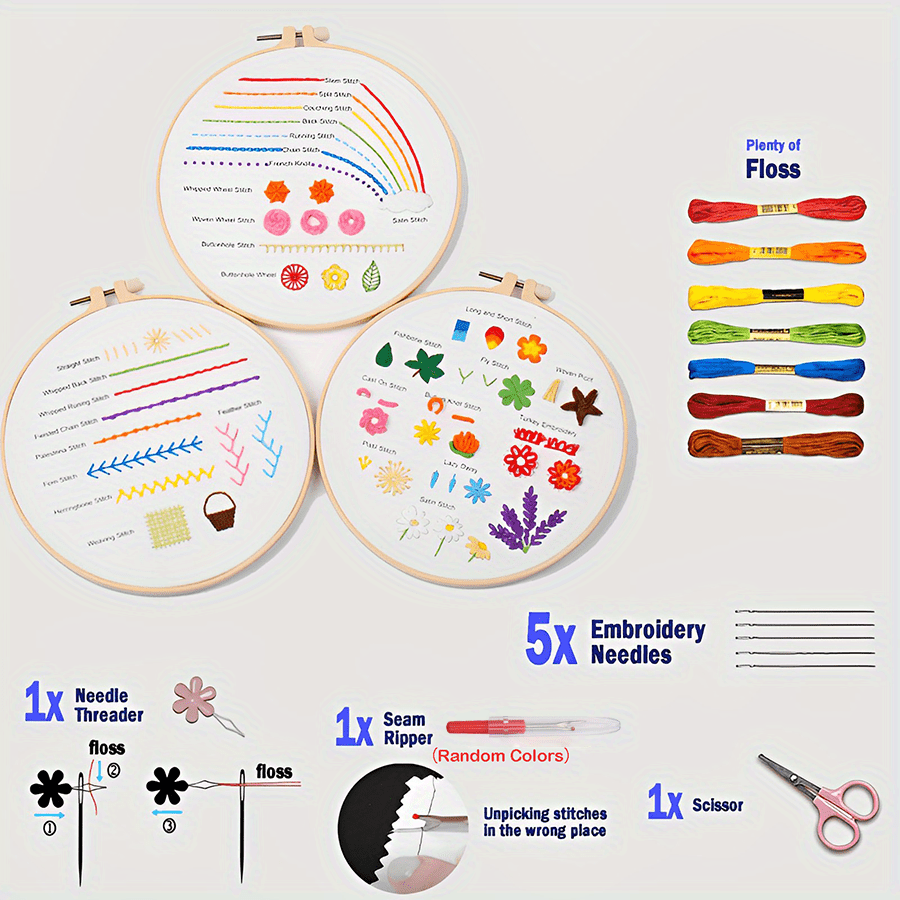 3 Sets Embroidery Starter Kit w/ Pattern & Instructions - Cross Stitch Set