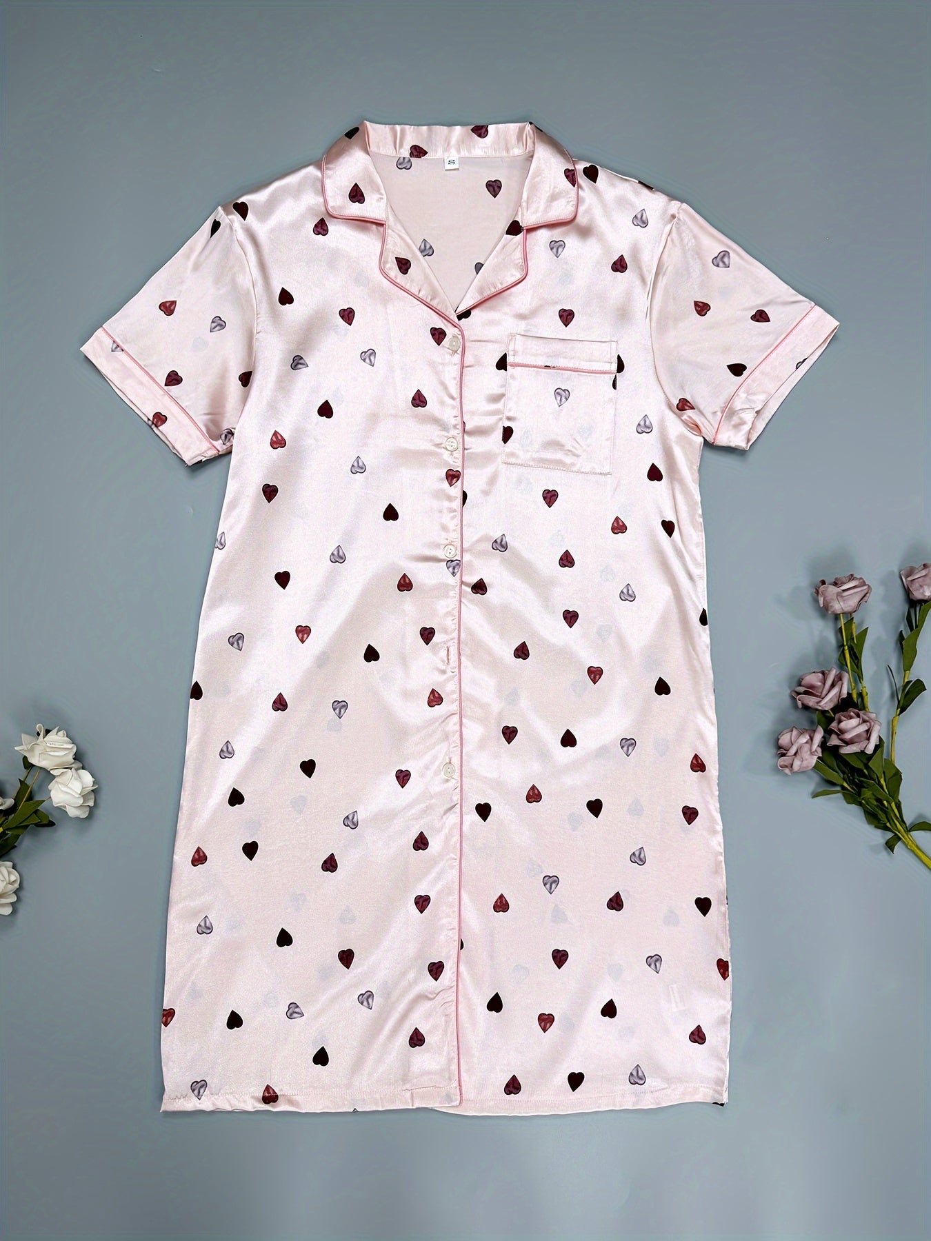 Heart Print Nightdress Short Sleeve Lapel Buttons Sleep Dress Women's Sleepwear