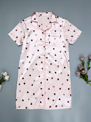 Heart Print Nightdress Short Sleeve Lapel Buttons Sleep Dress Women's Sleepwear