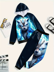 3D Flash Kitty Outfits Hoodies Splicing Jogger Pants Boys Girls Spor