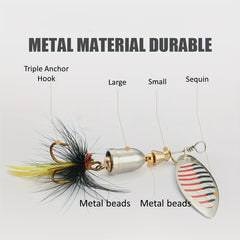 5pcs Sequin Spinner Fishing Lure Feathered Hard Bait Treble Hook