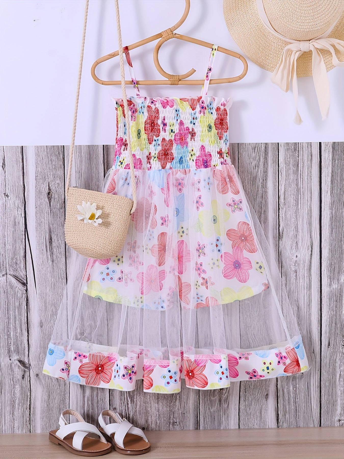 Toddler Girls Flowers Frill Trim Shirred Rompers Jumpsuits
