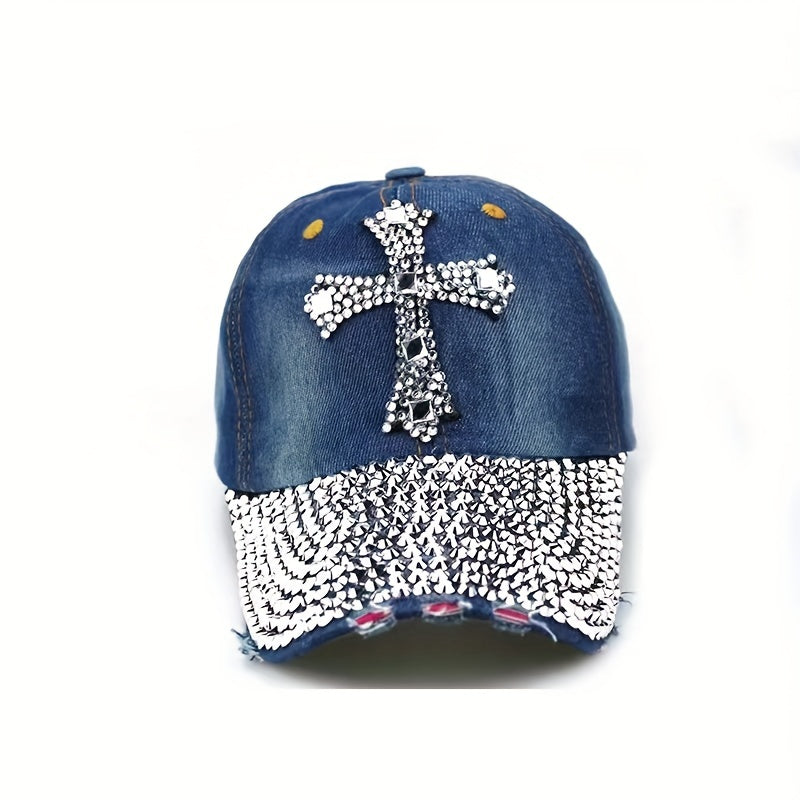 Rhinestone Cross Baseball Cap Y2K Distressed Dad Hats Sun Hats For Women
