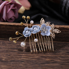 Hanfu Hair Comb Faux Pearl Flower Leaf Metal Hairpin Vintage Chinese Style