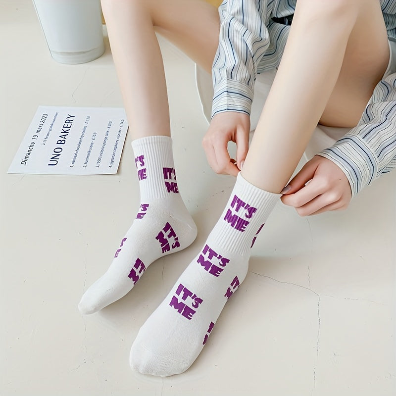 5 Pairs Heart Print Socks Comfy Women's Stockings & Hosiery
