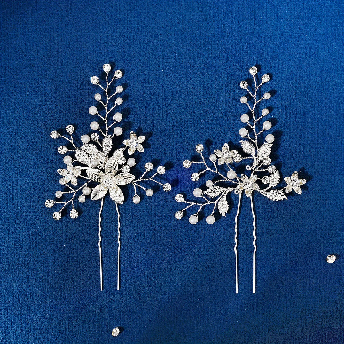 Bridal Pearl Hair Pins Silver Rhinestone Flower Headpieces 2pcs Set