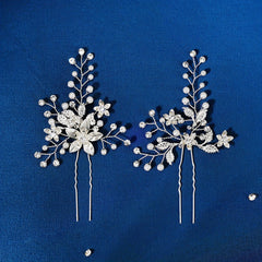 Bridal Pearl Hair Pins Silver Rhinestone Flower Headpieces 2pcs Set
