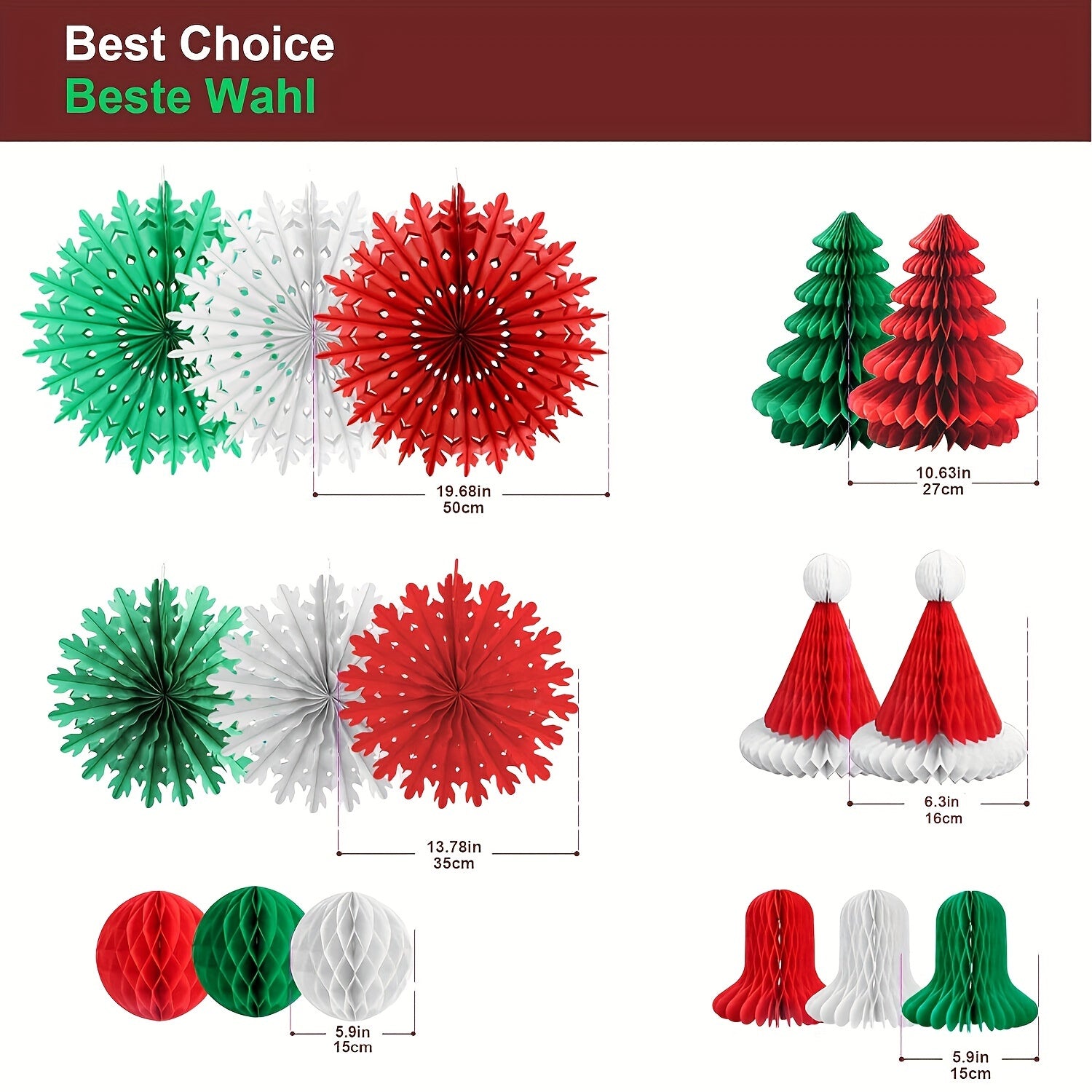 16pcs Assorted 3D Paper Honeycomb Christmas Decorations