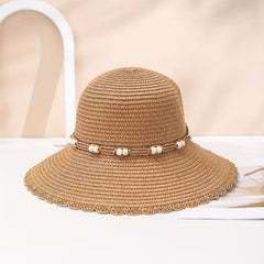 Ruffles Beads Decor Bucket Hat Solid Sun Hat Straw Hat For Women