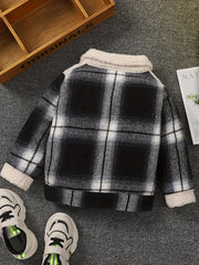 Boys Plaid Long Sleeve Fleece Jacket Zip Up Stand Collar Spring Fall
