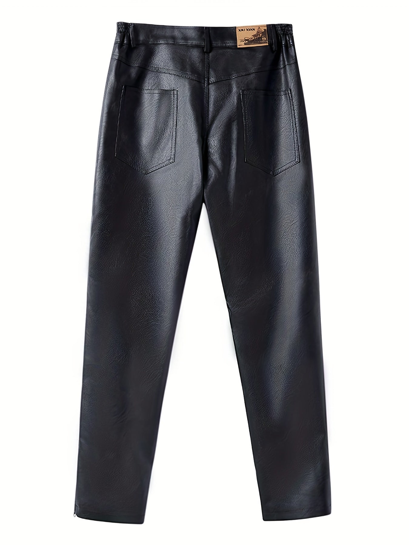 Men's Classic Fleece Pu Pants Straight Leg Solid Biker Faux Leather Pants
