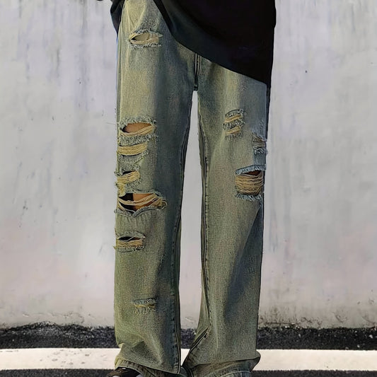 Men's Loose Fit Ripped Jeans, Street Style Distressed Denim Pants