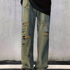 Men's Loose Fit Ripped Jeans, Street Style Distressed Denim Pants