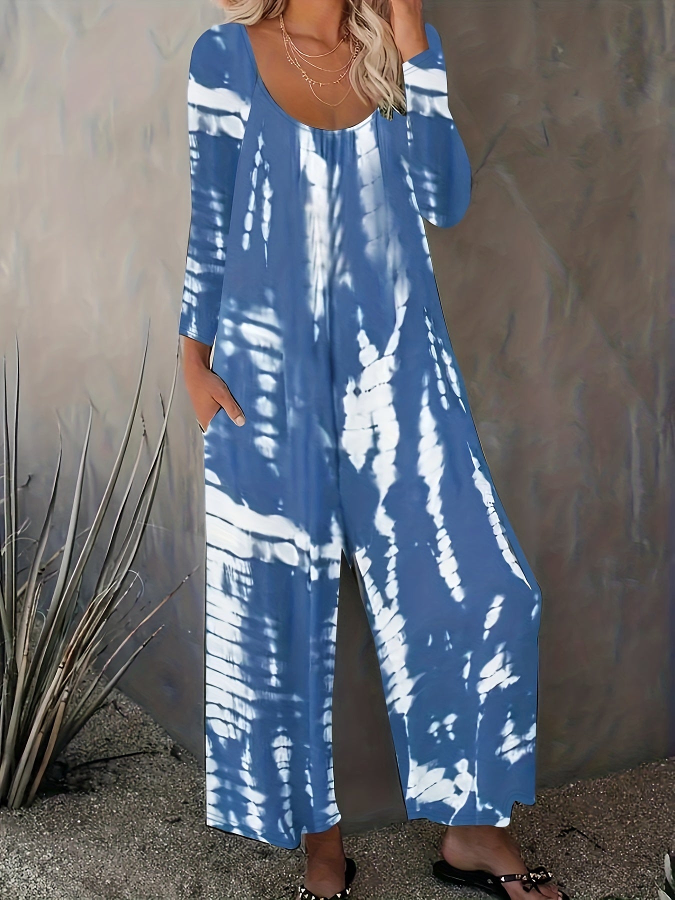 Tie Dye Long Sleeve Round Neck Wide Leg Jumpsuit With Pockets
