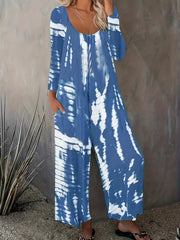 Tie Dye Long Sleeve Round Neck Wide Leg Jumpsuit With Pockets