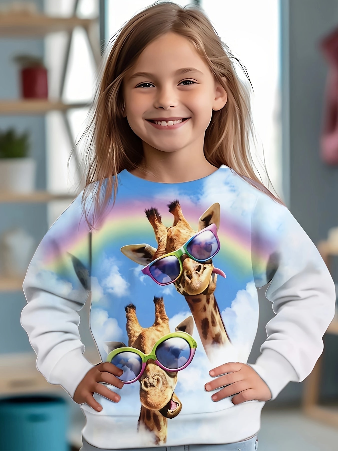 Giraffe Graphic Crew Neck Long Sleeve T shirt For Girls Spring Fall Gift