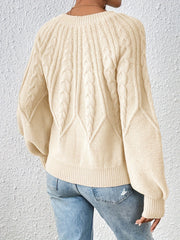 Cable Knit Lantern Sleeve Sweater Crew Neck Pullover Jumper