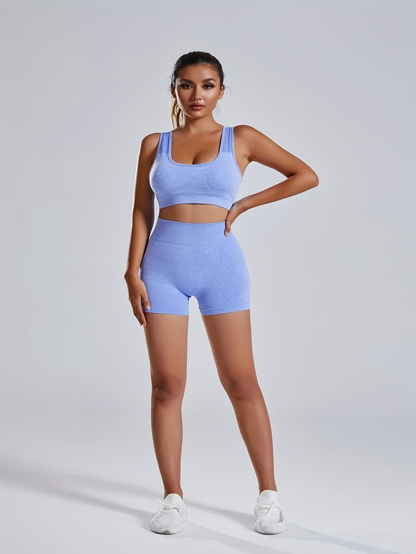 2pcs Hollow Back Sports Bra & High Waist Butt Lifting Yoga Workout Shorts