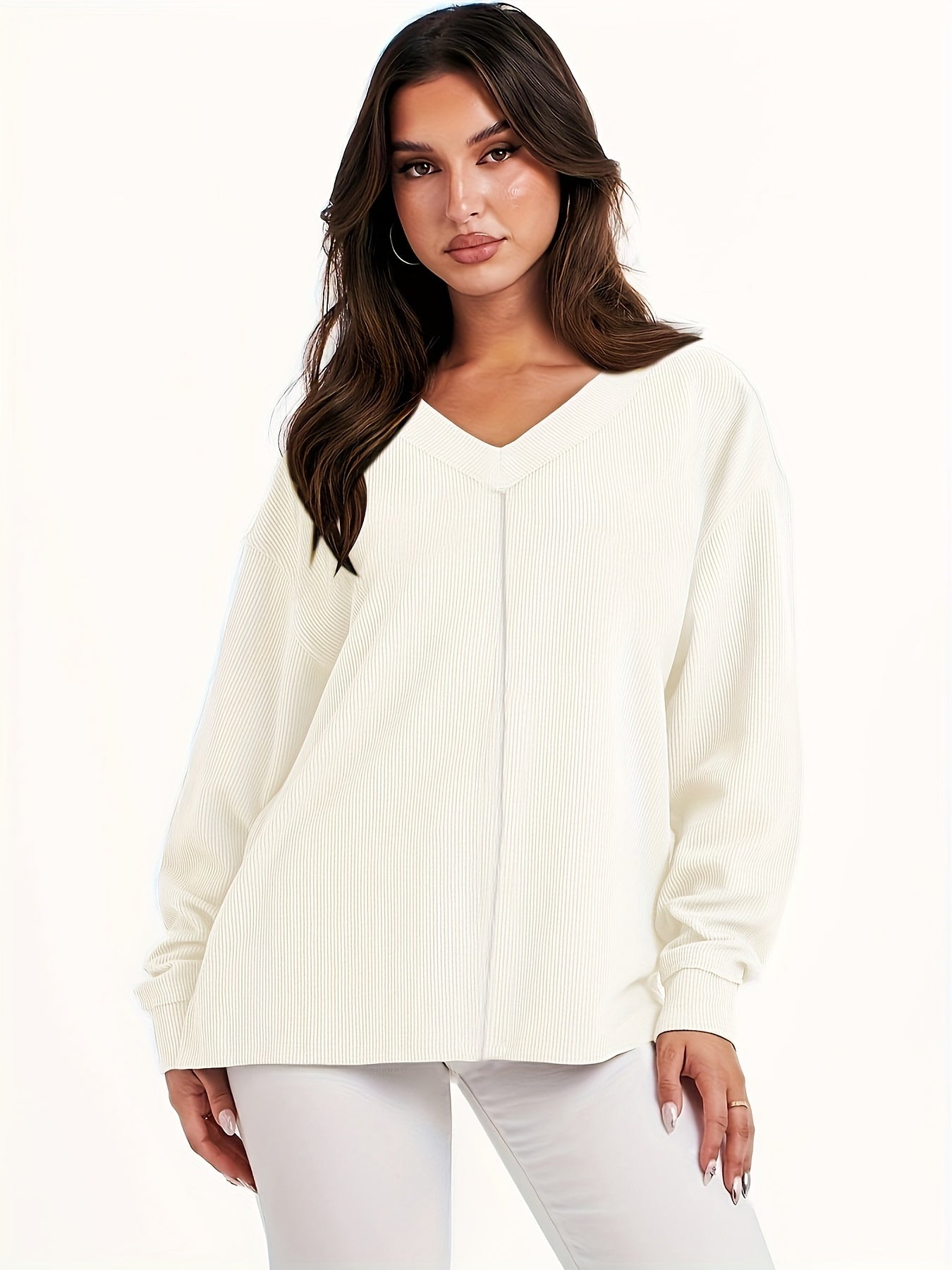 Solid Long Sleeve V Neck Knit Top
