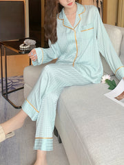 Plaid Pajamas Set Button Up Blouse Top & Pants
