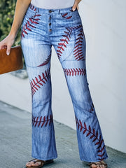 Leaf Print Flare Leg Jeans Casual Button Fly Denim Pants