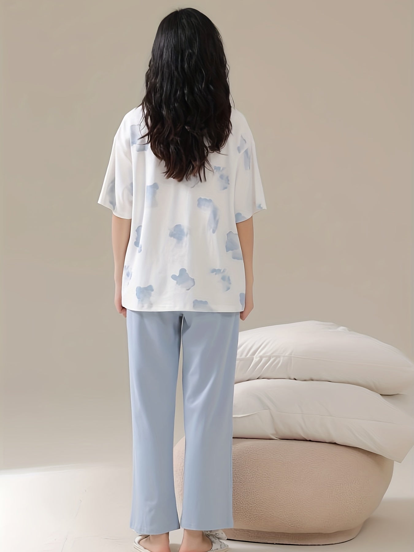 Bear Print Pajama Set Short Sleeve Top & Pants Women's Sleepwear