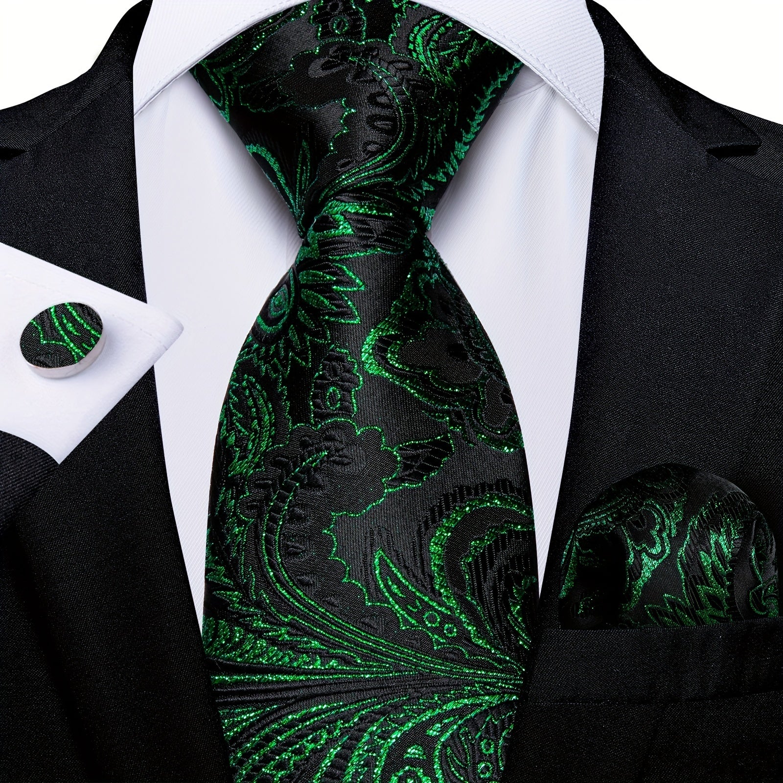 Men's Green Paisley Striped Silk Woven Necktie Set