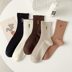 5 Pairs Floral Print Socks Comfy & Scallop Trim Women's Stockings