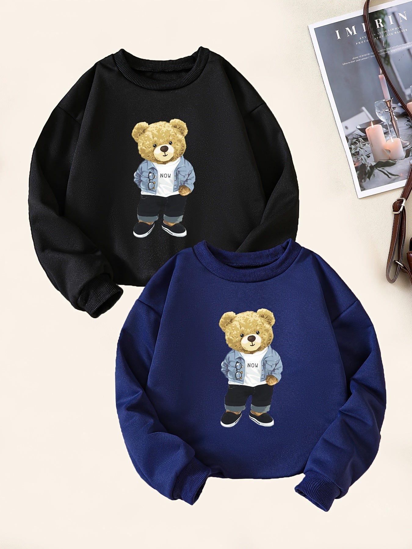 2pcs Bear Print Boys Casual Pullover Sweatshirt Long Sleeve Tops