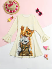 Girls Lovely Kitty Graphic Flare Sleeve Dress
