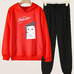 Cat Print Girls Hoodie & Sweatpants Set Kids Casual Long Sleeve
