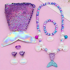 Girls Mermaid Tail Bag & Shell Pendant Bracelet Set