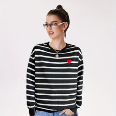 Stripe & Heart Print Pullover Sweatshirt Casual Long Sleeve Crew Neck Sweatshirt