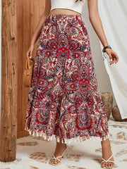 Ethnic Print Tassel Decor Skirt Elastic Waist Swing Skirt