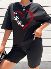 2pcs Women's Summer Casual Sports Suits Heart Graphic T-shirts & Shorts