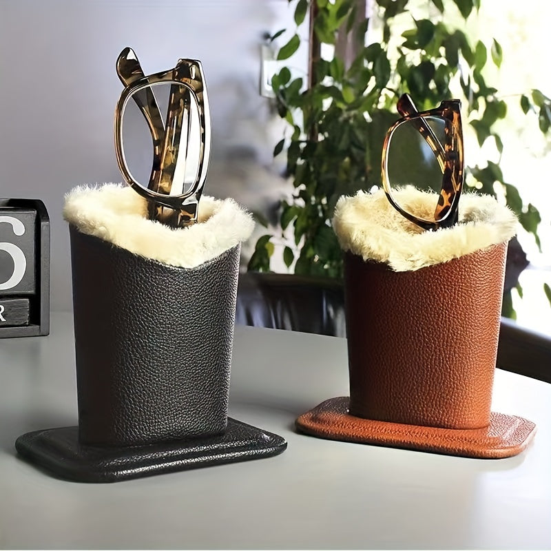Plush Lined Leather Glasses Holder for Desk or Nightstand