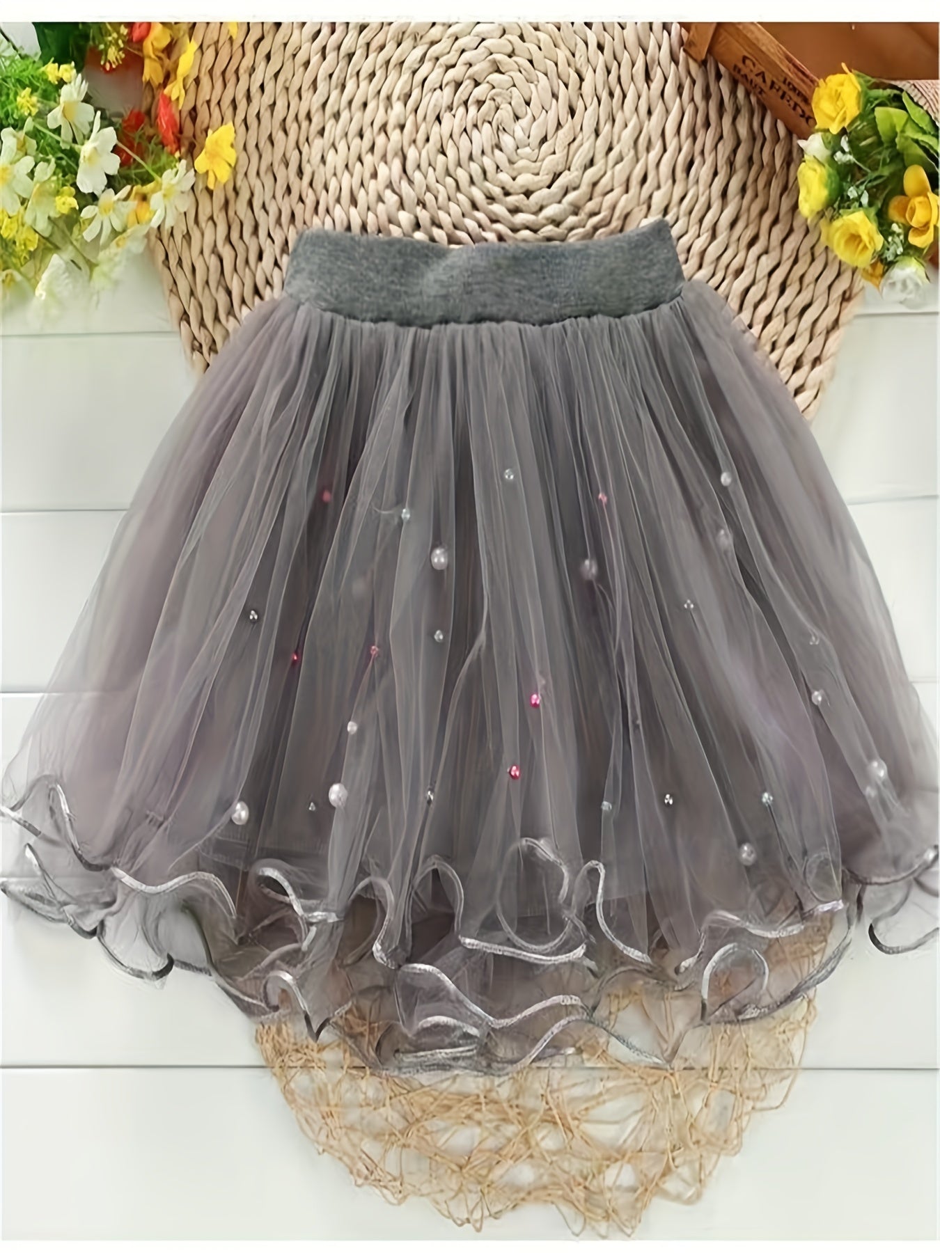 Princess Tutu Skirt with Pearls and Flower Fringes for Party
