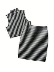 Striped Slim 2pc Skirt Set Crop Tank Top & Bodycon Skirt Outfit