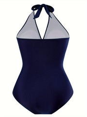 Solid Surplice Neck Halter One Piece Bathing Suit